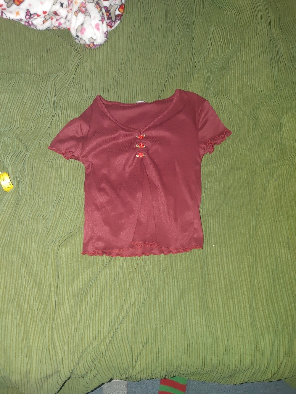 Women's Short Sleeve Burgundy Top with Rose Detail
